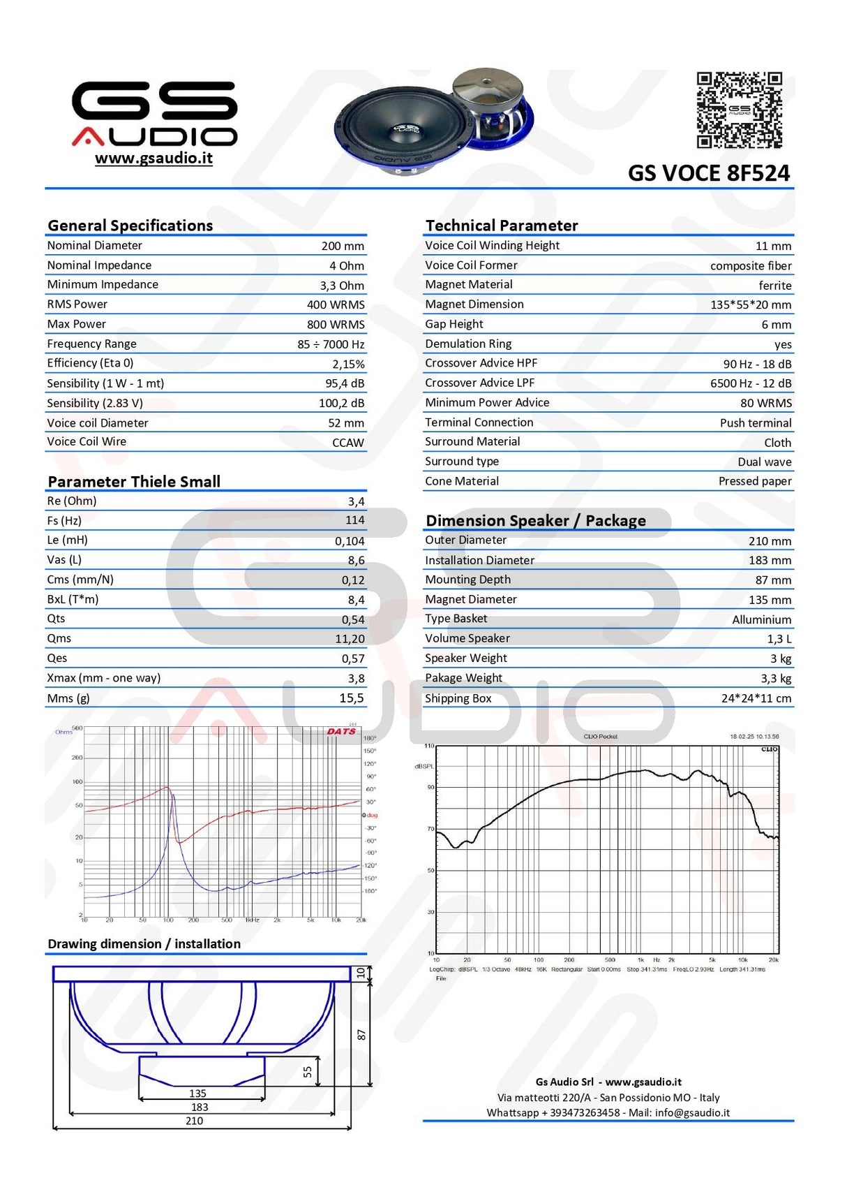 GS Audio VOCE8 - Haut-parleur de graves 200 mm - Bobine 52 mm - 400 W RMS 4 OHM