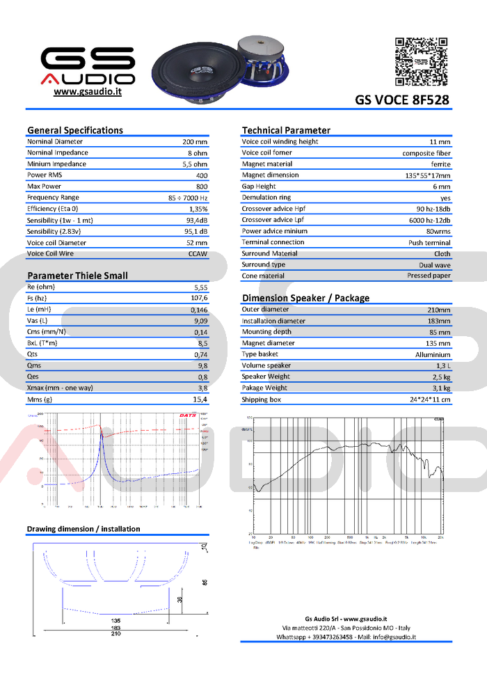 GS Audio VOCE8 - Haut-parleur de graves 200 mm - Bobine 52 mm - 400 W RMS 8 ohm