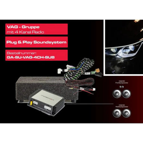 Pack Audio Plug and Play : Caisson + Amplificateur DSP pour VAG autoradio 6 canaux OEM