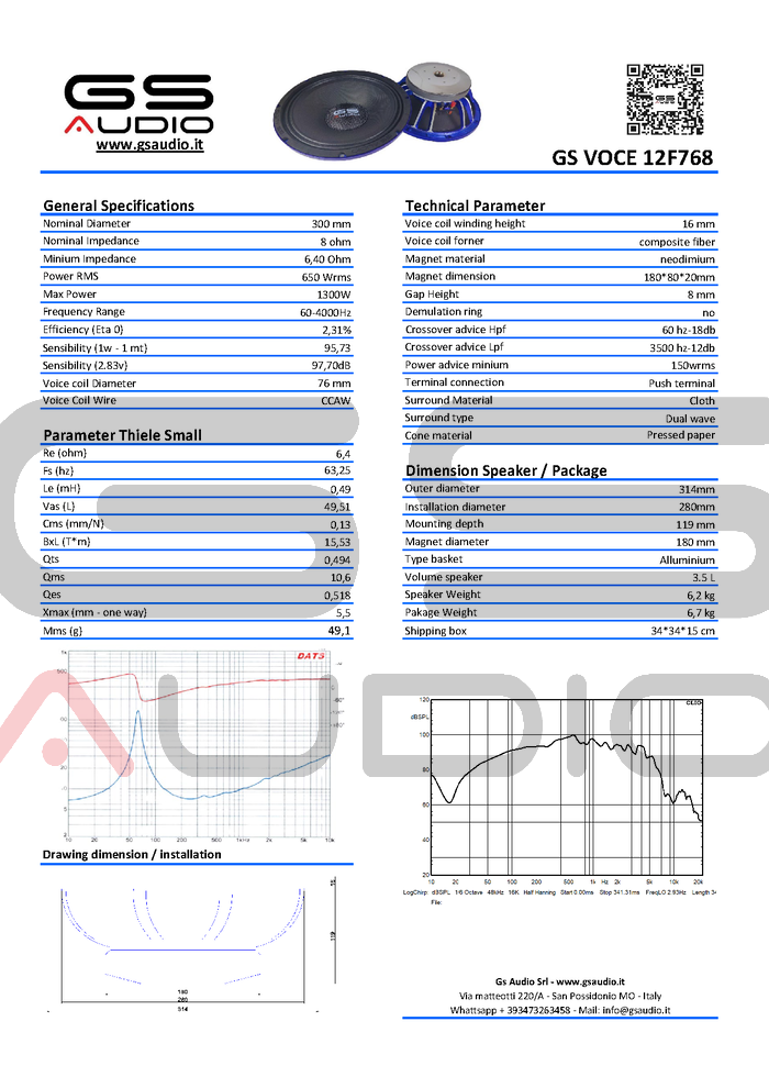 Gs Audio VOCE12 650 Wrms Speaker - 8 ohm